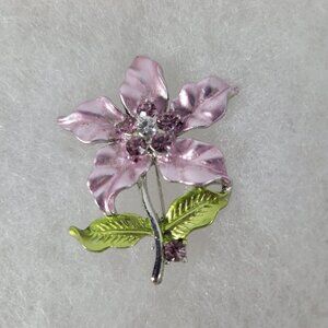 Gruen Vintage Purple Lilac Classic Metallic Enamel Floral Rhinestone Brooch